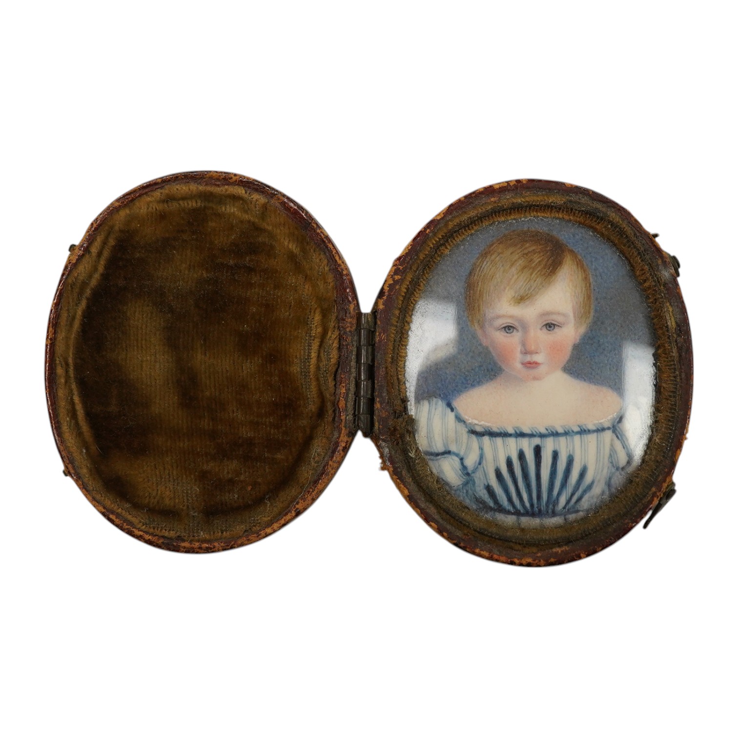 A Regency portrait miniature on ivory of a boy, oval, 4.6 X 3.7 cm, good condition, in a contemporary Morocco leather case. CITES Submission reference 51NJDFHW. Condition - worn